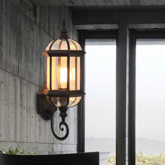 Glass Birdcage Wall Sconce: 1-Bulb Outdoor Light in Black/Brass