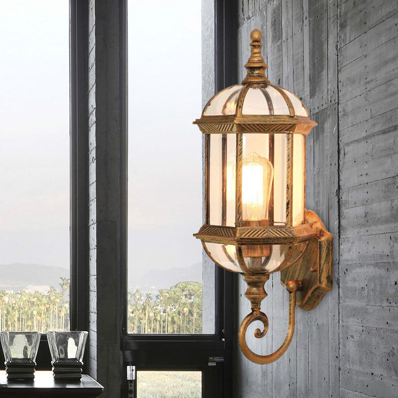 Glass Birdcage Wall Sconce: 1-Bulb Outdoor Light in Black/Brass