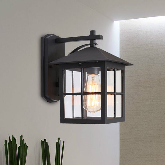 Outdoor Black Wall Sconce Light with Clear Glass Cuboid Fixture - 1 Head