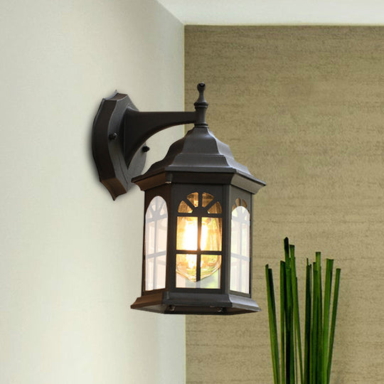 1-Head Castle Sconce Lighting in Country White/Black/Brass Aluminum with Clear Glass Shade - Wall Mounted Lamp