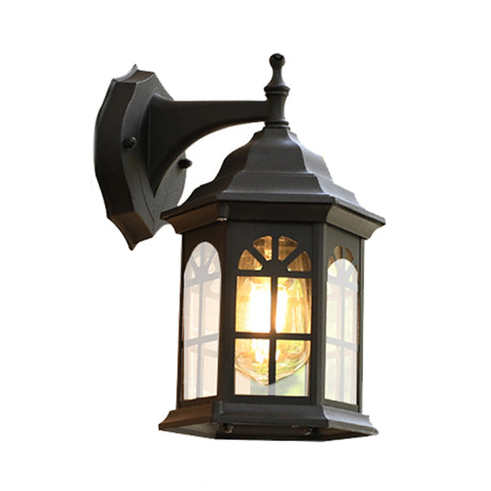 1-Head Castle Sconce Lighting in Country White/Black/Brass Aluminum with Clear Glass Shade - Wall Mounted Lamp