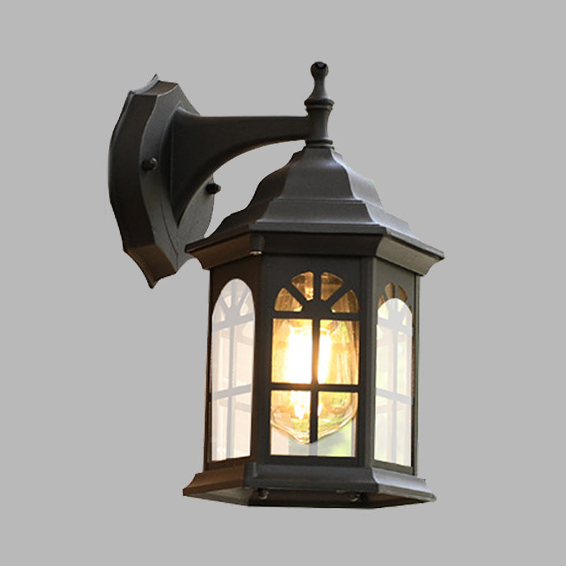 1-Head Castle Sconce Lighting in Country White/Black/Brass Aluminum with Clear Glass Shade - Wall Mounted Lamp