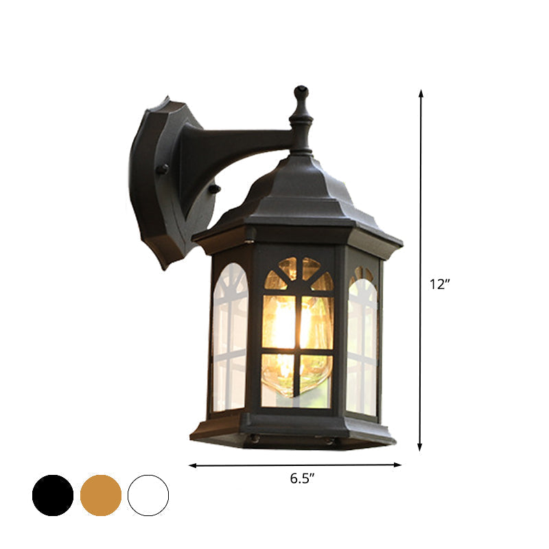 1-Head Castle Sconce Lighting in Country White/Black/Brass Aluminum with Clear Glass Shade - Wall Mounted Lamp