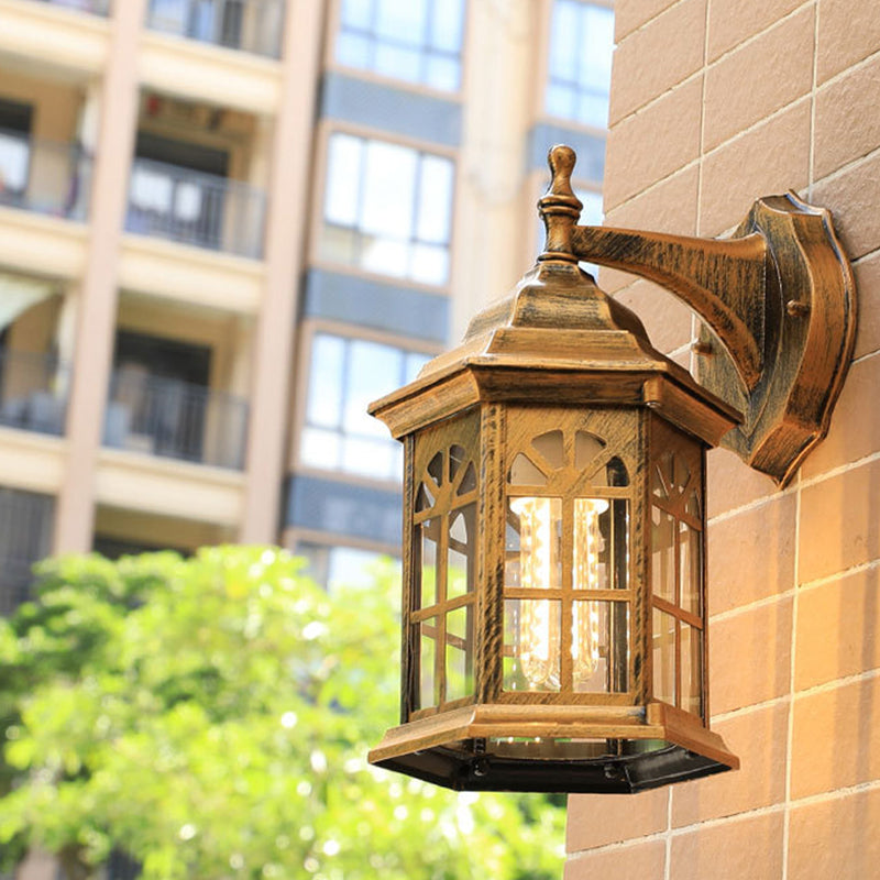 1-Head Castle Sconce Lighting in Country White/Black/Brass Aluminum with Clear Glass Shade - Wall Mounted Lamp