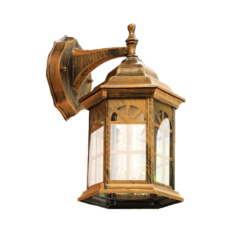 1-Head Castle Sconce Lighting in Country White/Black/Brass Aluminum with Clear Glass Shade - Wall Mounted Lamp