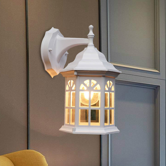 1-Head Castle Sconce Lighting in Country White/Black/Brass Aluminum with Clear Glass Shade - Wall Mounted Lamp