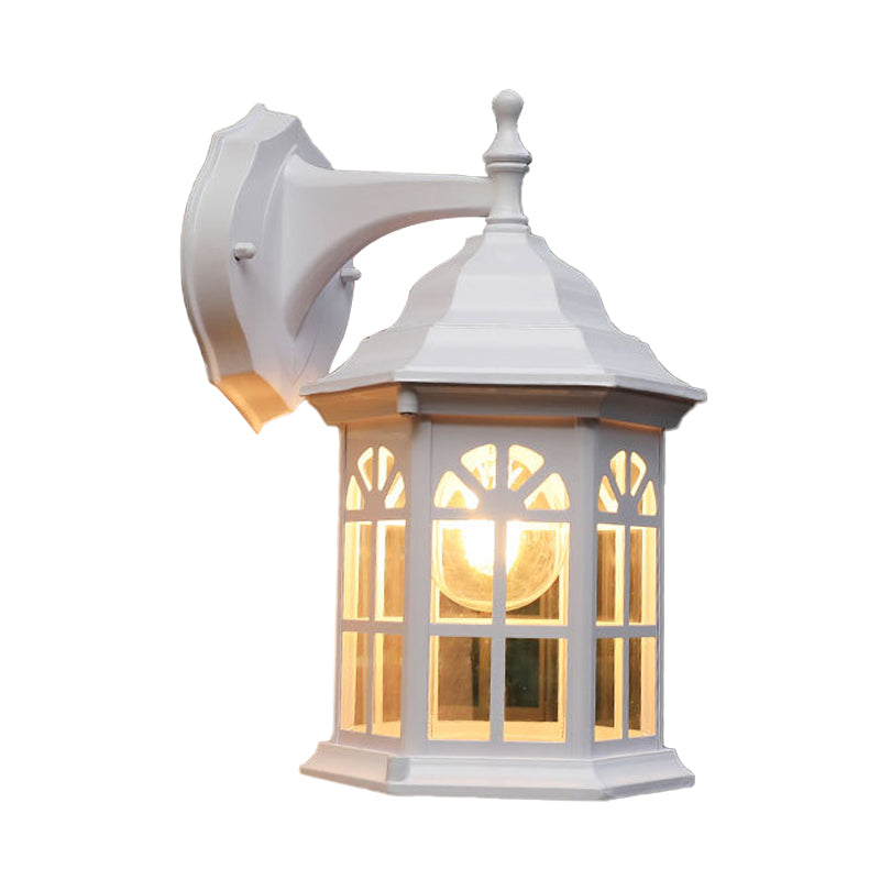1-Head Castle Sconce Lighting in Country White/Black/Brass Aluminum with Clear Glass Shade - Wall Mounted Lamp