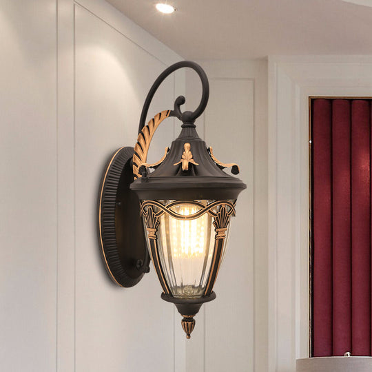 Farmhouse Brass/Black Pinecone Wall Sconce - Clear Ribbed Glass - Outdoor Lighting - 1 Bulb