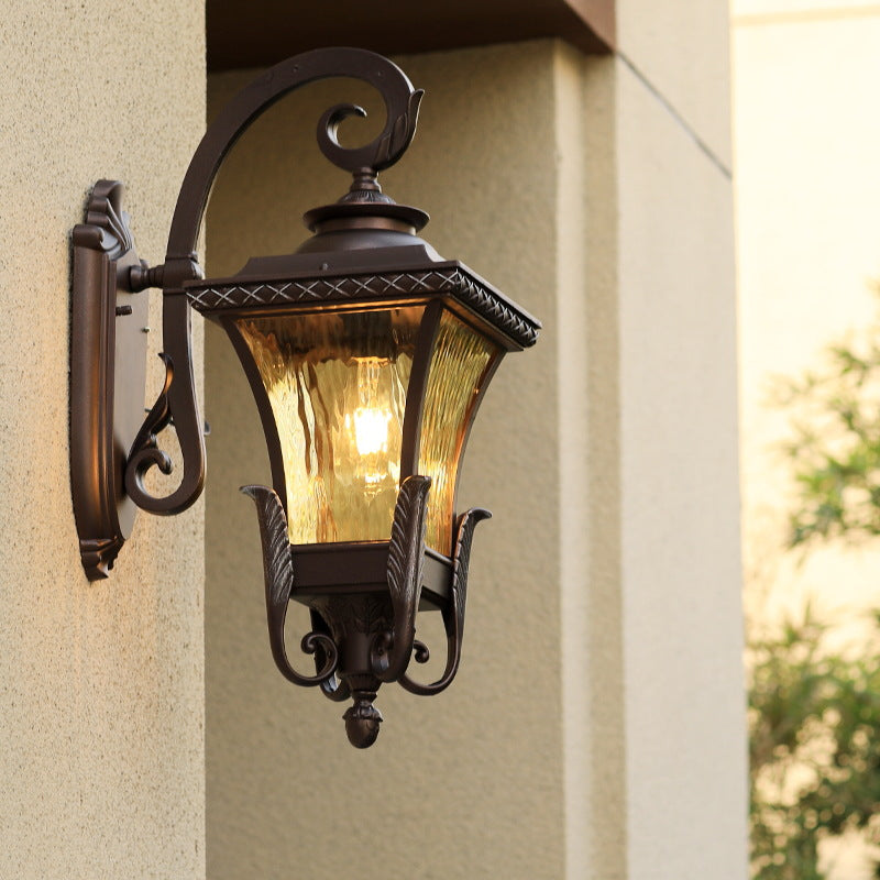Country Style Aluminum Outdoor Wall Sconce with Water Glass Shade - Dark Coffee Lantern