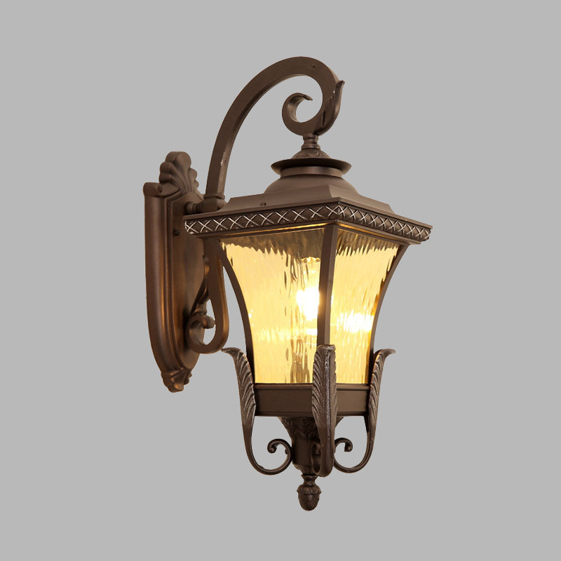 Country Style Aluminum Outdoor Wall Sconce with Water Glass Shade - Dark Coffee Lantern