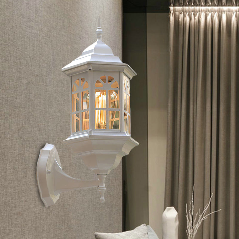 Aluminum Castle Wall Lamp Sconce: 1-Bulb Outdoor Lighting in White/Black/Brass