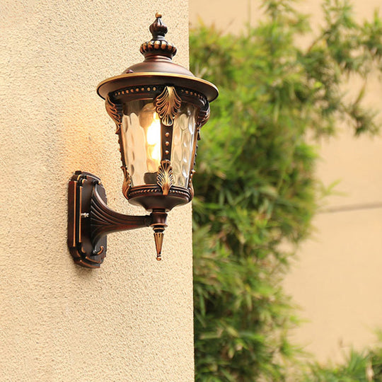 Countryside Outdoor Wall Mounted Lamp with Water Glass Shade - Coffee, 1 Bulb Sconce Light Fixture