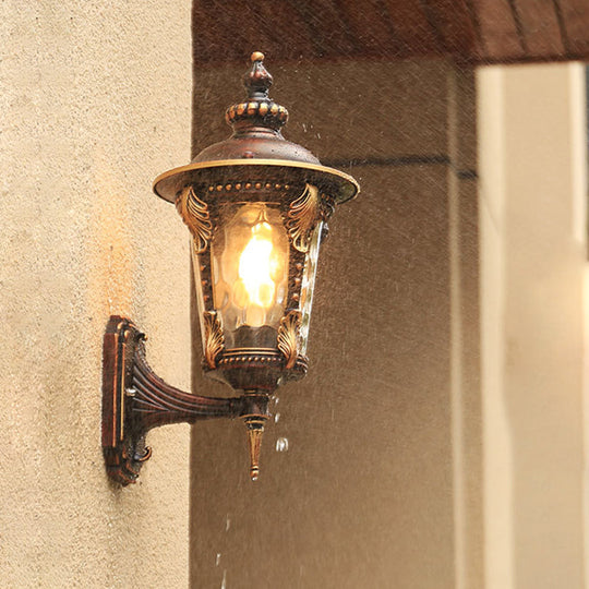 Countryside Outdoor Wall Mounted Lamp with Water Glass Shade - Coffee, 1 Bulb Sconce Light Fixture