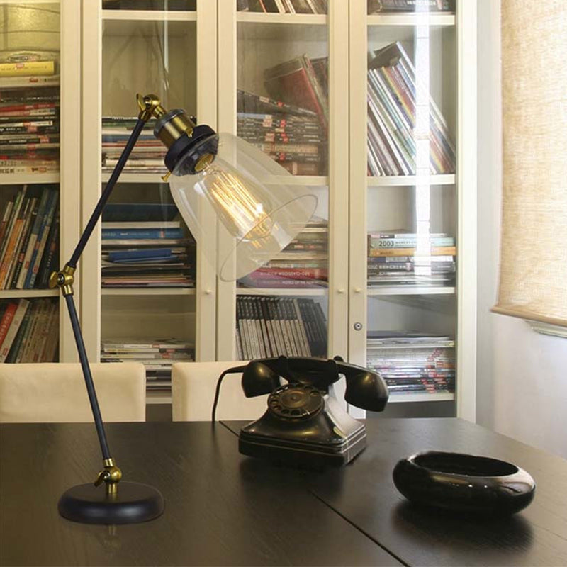 Industrial Black Desk Lamp with Swing Arm & Tapered Clear Glass Shade