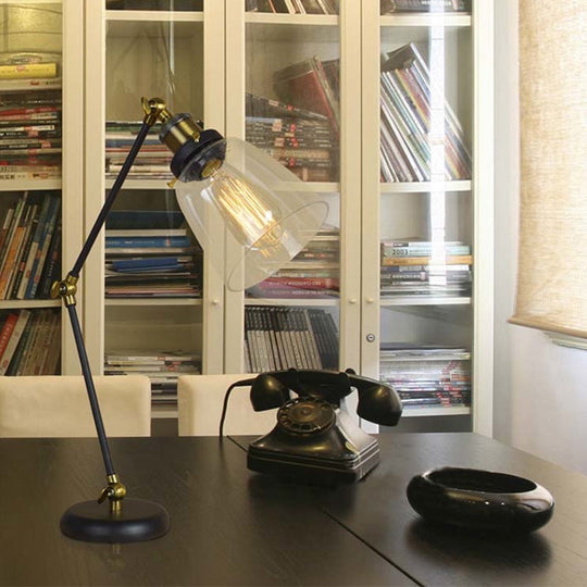 Industrial Black Desk Lamp with Swing Arm & Tapered Clear Glass Shade