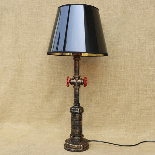 Industrial Pipe Table Light with Tapered Shade & Valve in Black - 1 Light Table Lamp for Indoor Use