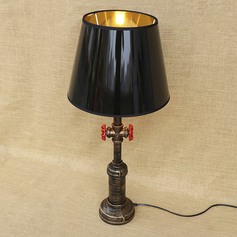 Industrial Pipe Table Light with Tapered Shade & Valve in Black - 1 Light Table Lamp for Indoor Use