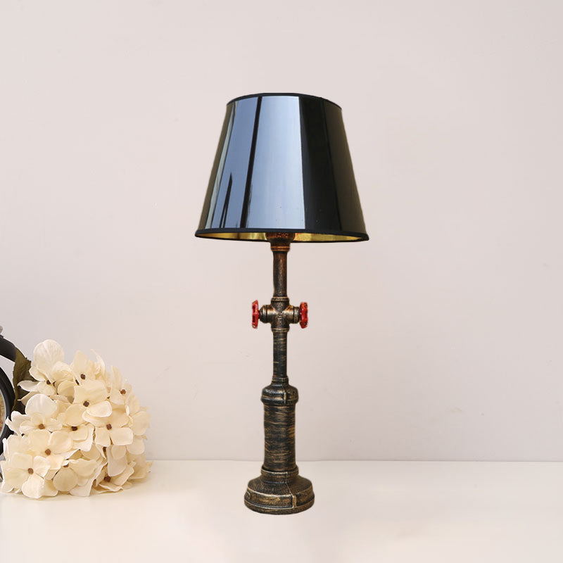 Industrial Pipe Table Light with Tapered Shade & Valve in Black - 1 Light Table Lamp for Indoor Use