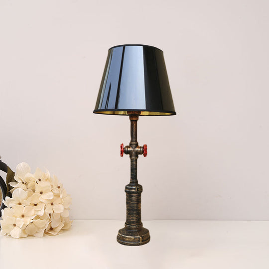 Industrial Pipe Table Light with Tapered Shade & Valve in Black - 1 Light Table Lamp for Indoor Use