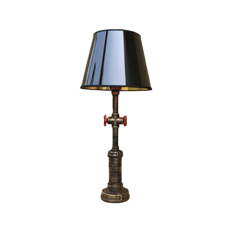 Industrial Pipe Table Light with Tapered Shade & Valve in Black - 1 Light Table Lamp for Indoor Use