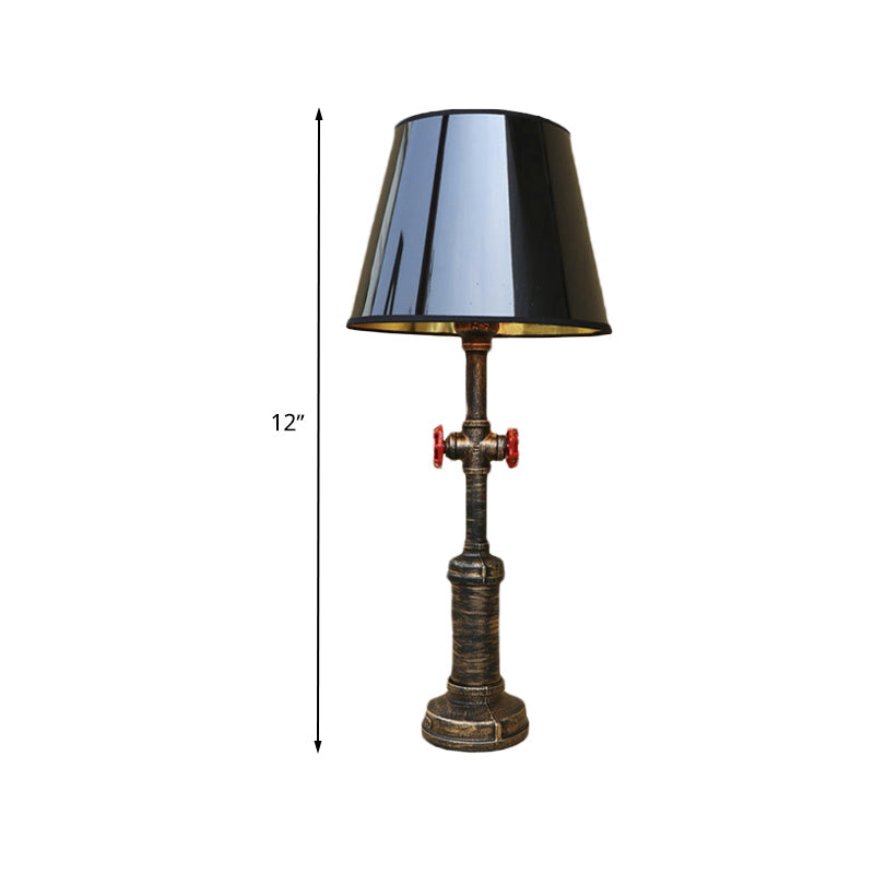 Industrial Pipe Table Light with Tapered Shade & Valve in Black - 1 Light Table Lamp for Indoor Use