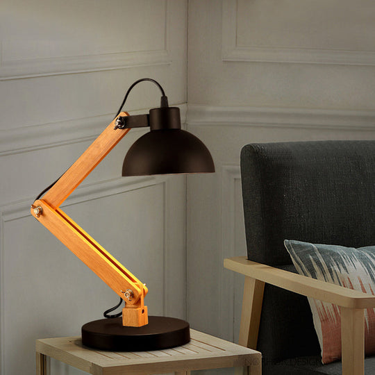 Loft Style Domed Desk Lamp - Metal with Wood Arm, Adjustable, Black/White 1-Light Reading Light for Study Room