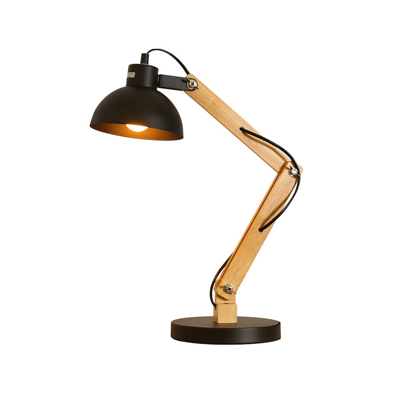 Loft Style Domed Desk Lamp - Metal with Wood Arm, Adjustable, Black/White 1-Light Reading Light for Study Room