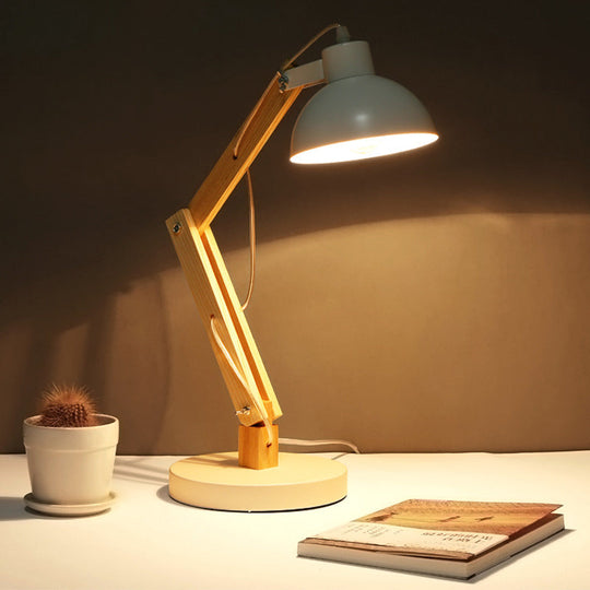 Loft Style Domed Desk Lamp - Metal with Wood Arm, Adjustable, Black/White 1-Light Reading Light for Study Room
