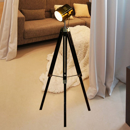 Industrial Style Tripod Floor Light with Metallic Spotlight – Black/White Finish for Living Room