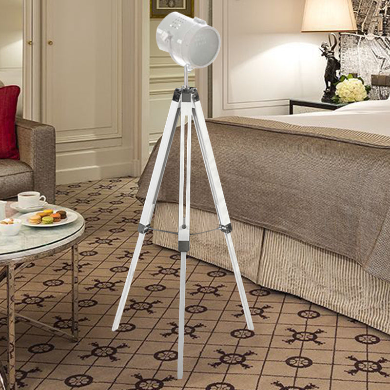 Industrial Style Tripod Floor Light with Metallic Spotlight – Black/White Finish for Living Room