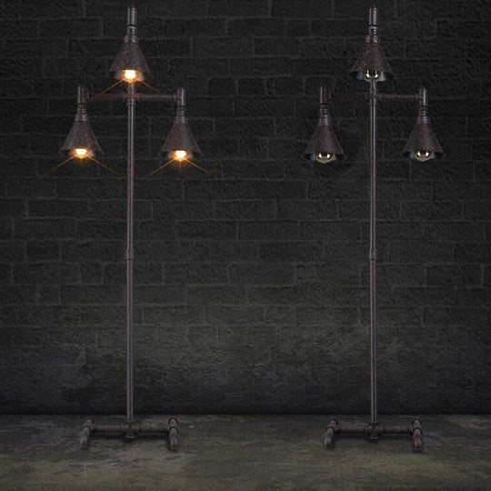 Antique-Style Iron Floor Lamp with 3 Lights, Dark Rust Conical Shade and Elegant Pipe Design