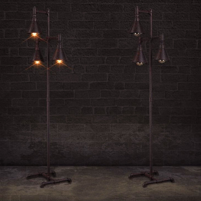 Antique-Style Iron Floor Lamp with 3 Lights, Dark Rust Conical Shade and Elegant Pipe Design