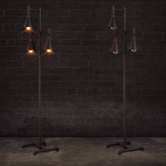 Antique-Style Iron Floor Lamp with 3 Lights, Dark Rust Conical Shade and Elegant Pipe Design