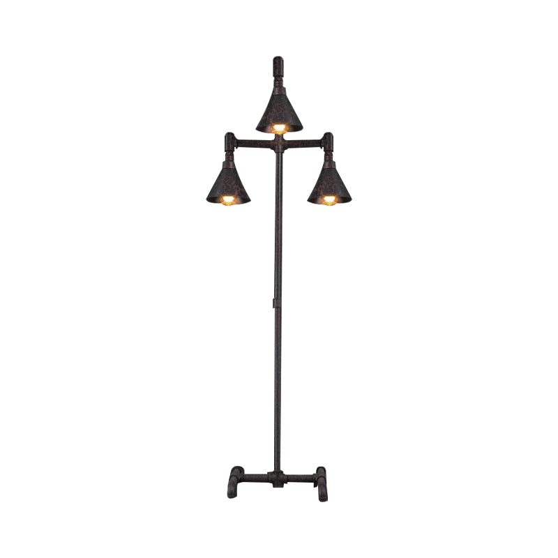 Antique-Style Iron Floor Lamp with 3 Lights, Dark Rust Conical Shade and Elegant Pipe Design