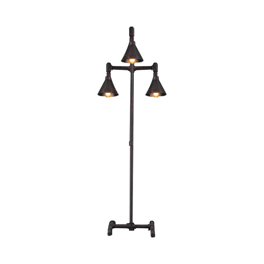 Antique-Style Iron Floor Lamp with 3 Lights, Dark Rust Conical Shade and Elegant Pipe Design