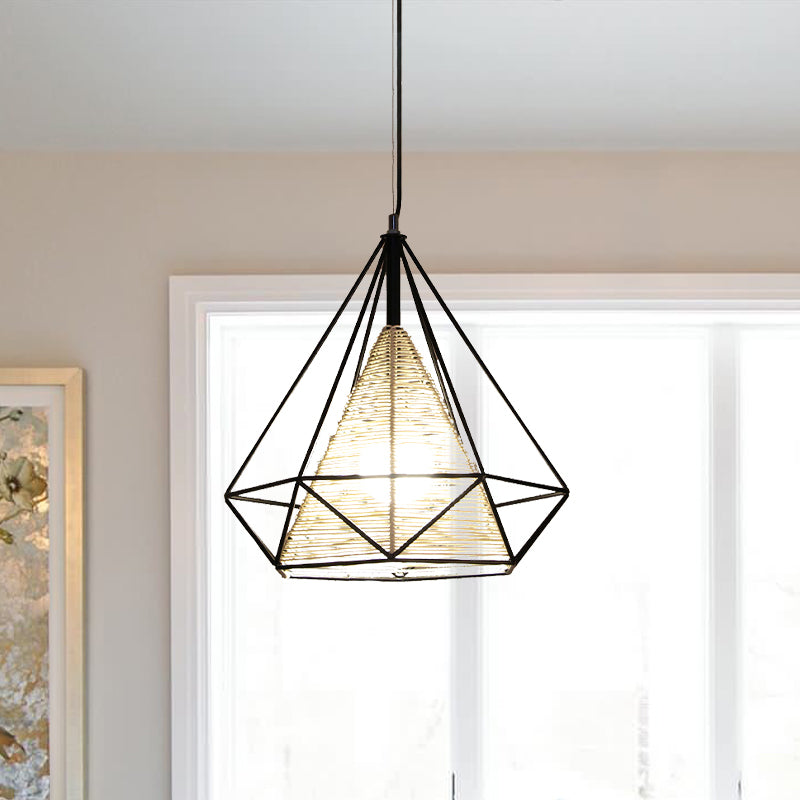 Diamond Rattan Hanging Pendant Light - Modern 1 Light Beige Ceiling Light for Kitchen Island - 15"/18"/19.5" Wide
