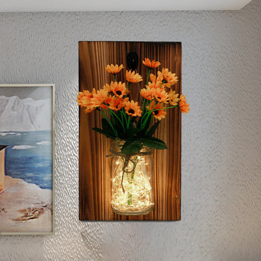 Contemporary Floral Wall Lamp with Beige/Orange/White String Light & Wood Backplate