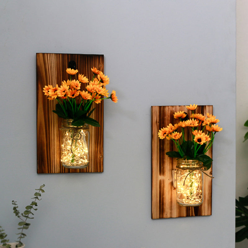 Contemporary Floral Wall Lamp with Beige/Orange/White String Light & Wood Backplate