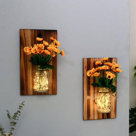 Contemporary Floral Wall Lamp with Beige/Orange/White String Light & Wood Backplate