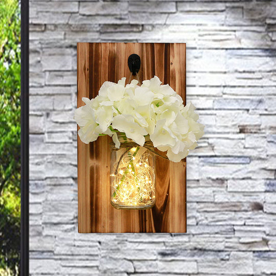 Contemporary Floral Wall Lamp with Beige/Orange/White String Light & Wood Backplate