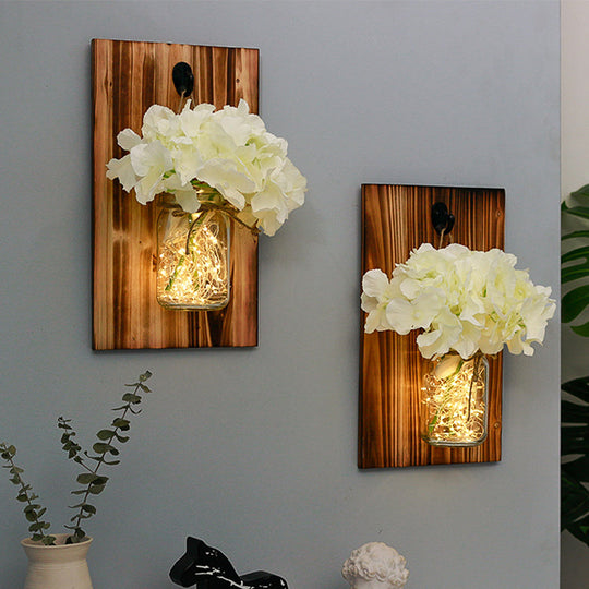 Contemporary Floral Wall Lamp with Beige/Orange/White String Light & Wood Backplate