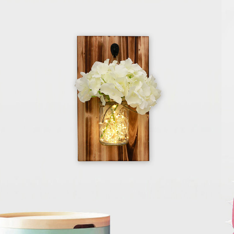 Contemporary Floral Wall Lamp with Beige/Orange/White String Light & Wood Backplate