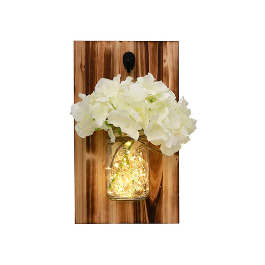 Contemporary Floral Wall Lamp with Beige/Orange/White String Light & Wood Backplate