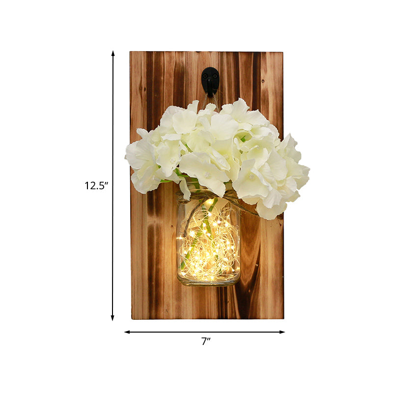 Contemporary Floral Wall Lamp with Beige/Orange/White String Light & Wood Backplate