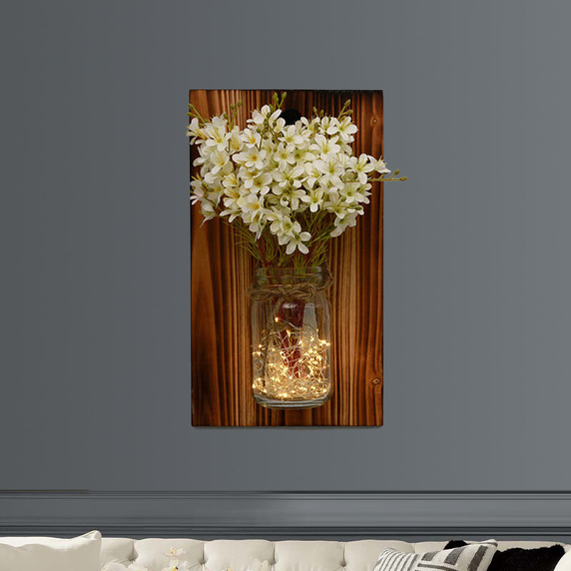 Contemporary Floral Wall Lamp with Beige/Orange/White String Light & Wood Backplate