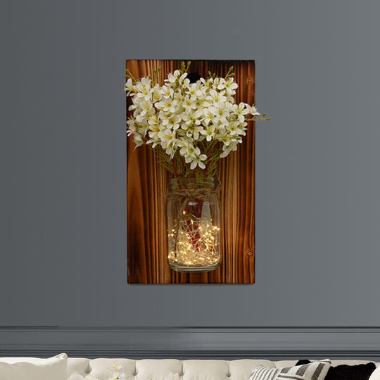 Contemporary Floral Wall Lamp with Beige/Orange/White String Light & Wood Backplate