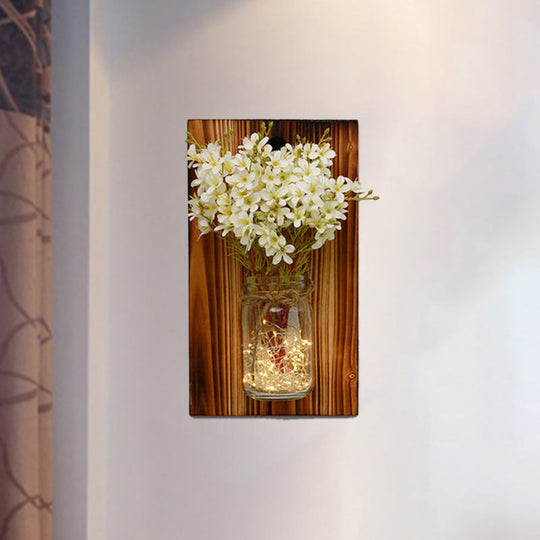 Contemporary Floral Wall Lamp with Beige/Orange/White String Light & Wood Backplate