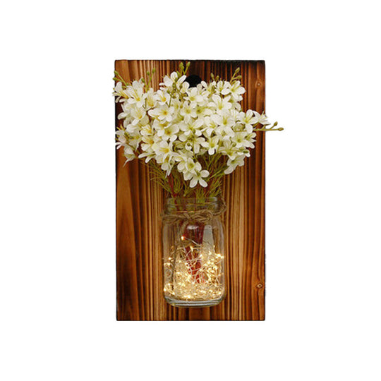 Contemporary Floral Wall Lamp with Beige/Orange/White String Light & Wood Backplate