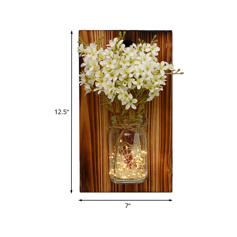 Contemporary Floral Wall Lamp with Beige/Orange/White String Light & Wood Backplate