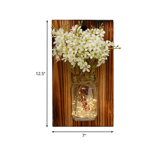 Contemporary Floral Wall Lamp with Beige/Orange/White String Light & Wood Backplate